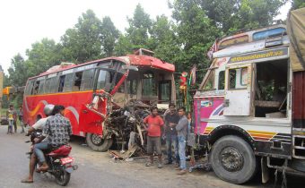 The bus and truck that collided with one another at Danda,